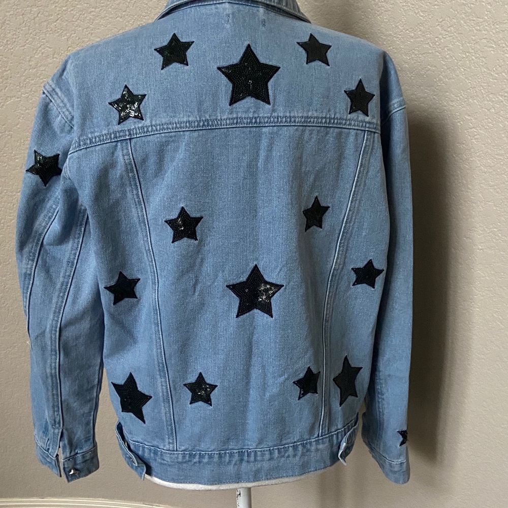 Sale! Nasty Gal Blue Denim Jacket with Black Sequin Stars. US Size 6 - Picture 7 of 17